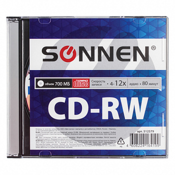 Диск CD-RW SONNEN 700Mb Slim Case